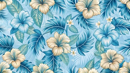 Serene Tropical Floral Design  A Seamless Pattern of Lush Blue and Beige Hibiscus Blossoms and Palm Fronds on a Light Blue Background