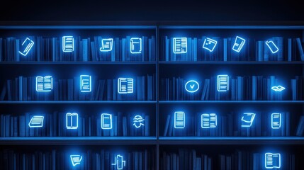 Neon Bookshelf Illustration with Blue Glowing Icons of Knowledge