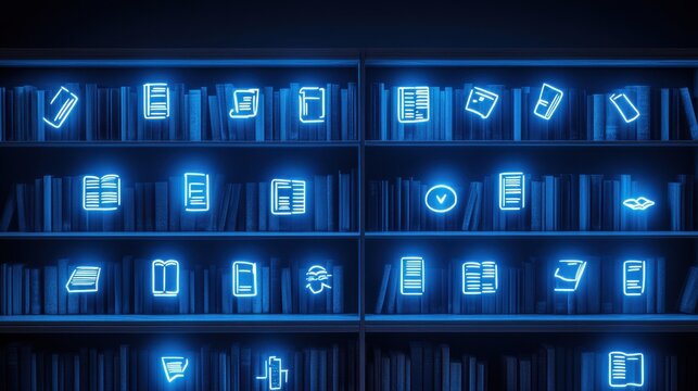 Neon Bookshelf Illustration with Blue Glowing Icons of Knowledge