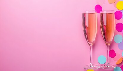 Two glasses of pink sparkling wine on a pink background with colorful confetti. Festive and celebratory image, perfect for events or holidays