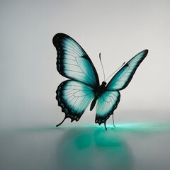 A bioluminescent butterfly emitting a soft green glow against a pure white backdrop.
