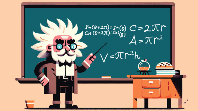 Professor Pi, A quirky professor with wild hair pointing to a chalkboard where the Pi symbol is written, surrounded by digits extending infinitely. Add details like a pie on the desk