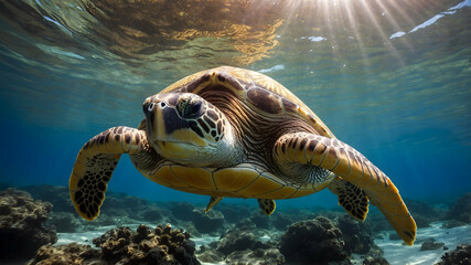 Obraz premium Close-Up of a Green Sea Turtle Gliding Above a Vibrant Coral Reef