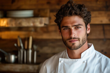 A handsome male chef with dark hair and beard, wearing a white chef's jacket, poses in a rustic kitchen.