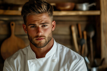 A young, handsome chef with a serious expression, wearing a white chef's jacket in a rustic kitchen setting.
