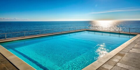 Fototapeta premium Oceanfront Poolside Serenity A Tranquil Swimming Haven with Sun-Dappled Waters and a Breathtaking Seascape