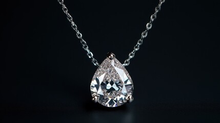 A radiant pear-cut diamond necklace displayed on a sleek matte black background.