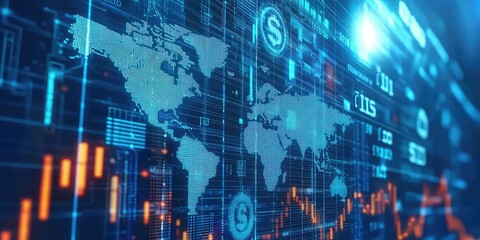 A dynamic abstract graphic of financial networks and digital banking connections.