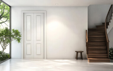 Obraz premium Spacious entrance area featuring a modern staircase and natural light