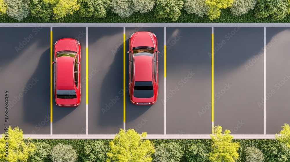 Poster a self-driving car testing ground with smart sensors and simulation data, top view.