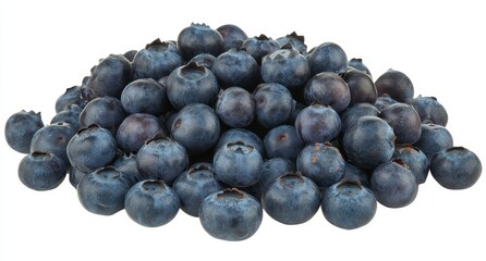 Close up view of a pile of fresh blueberries against a white background. The blueberries are plump, dark blue, and appear moist, with a subtle sheen