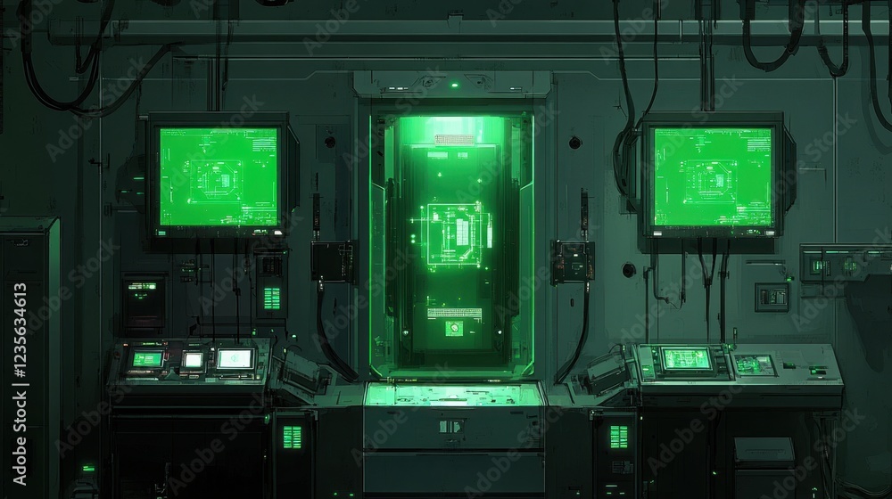 Poster a smart factory producing advanced ai chips with automated testing stations, top view.