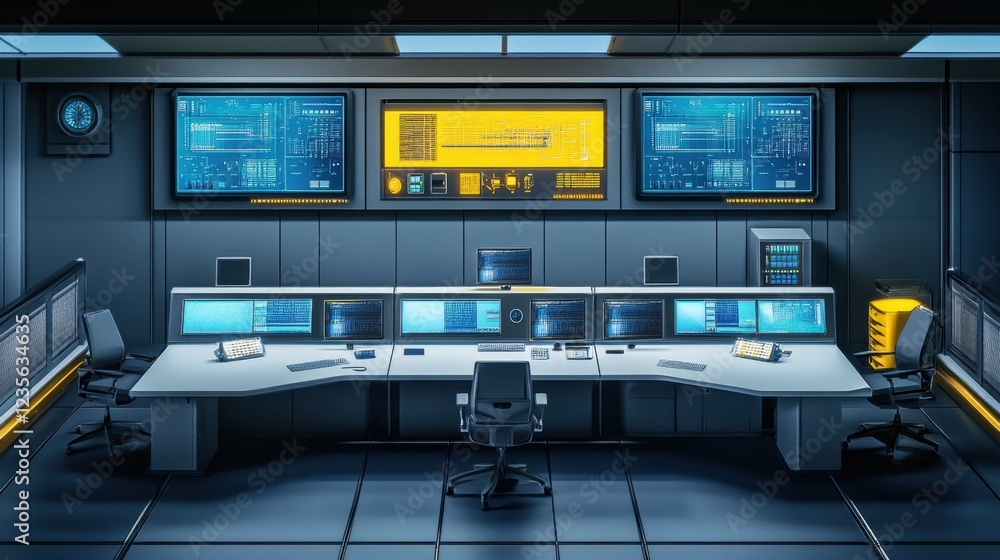 Aufkleber a smart electronics industry control room with ai-driven production monitoring systems, top view.