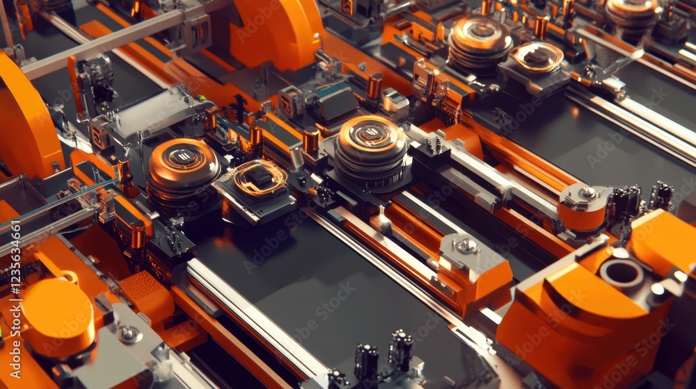 Poster a smart factory producing advanced ai chips with automated testing stations, top view.