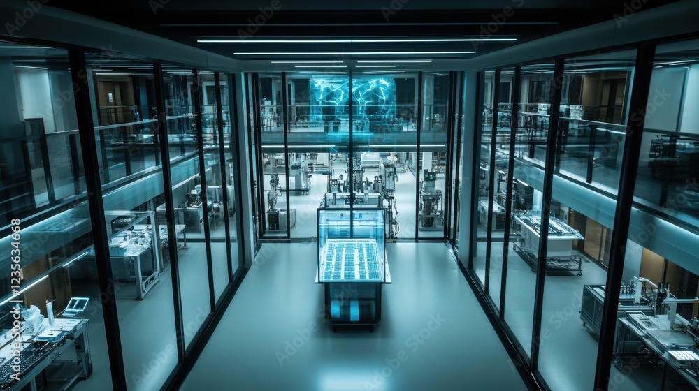 Poster a smart factory producing advanced ai chips with automated testing stations, top view.
