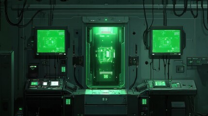 Fototapeta premium A smart factory producing advanced AI chips with automated testing stations, top view.