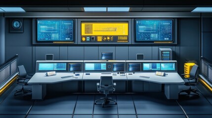 A smart electronics industry control room with AI-driven production monitoring systems, top view.