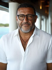 Portrait of a middle aged man with short dark hair and a beard, wearing glasses and a white short sleeved shirt. Water droplets are visible on his
