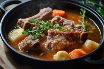 Boiled bone and broth. Homemade beef bone broth is cooked in a pot on.  Collagen, which provides the body with amino acids, which are the building blocks of proteins and probiotic microflora. 