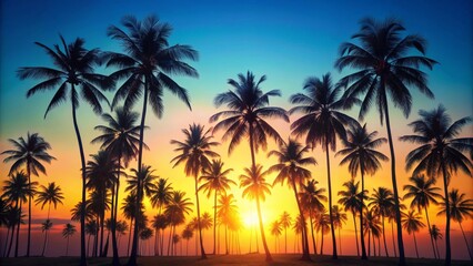 Silhouettes of palm trees at sunset, creating a vibrant and tropical scene. The sun dips below the horizon, casting a warm golden glow on the sky.