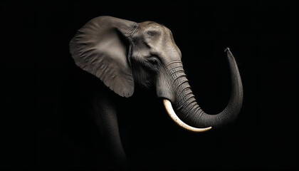 Naklejka premium A close up of an elephant with tusks, Black background