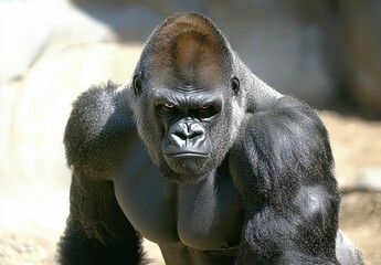 Obraz premium Close up view of a powerful gorilla, dark gray and black fur, intense expression, muscular build, outdoors in bright sunlight
