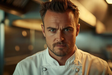 A serious-faced chef in his white uniform, intense gaze and slight frown convey professionalism and culinary focus.
