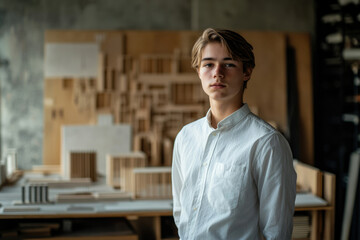 Fototapeta premium A young man in a white shirt stands in a workshop filled with architectural models.