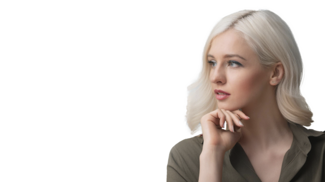 beautiful attractive caucasian woman. model. light blonde  hair. thinking about different options. green shirt  Transparent background. png