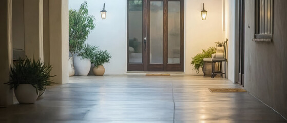 Fototapeta premium Cozy entrance with warm lighting and inviting plants in a modern courtyard