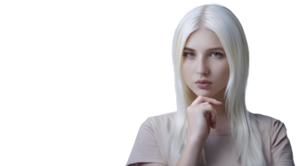 beautiful attractive woman. model. white hair.. hand below head, thinking options and making decisions. transparent background. png