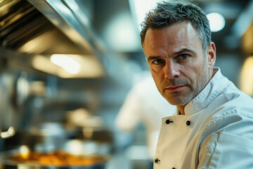 Obraz premium A seasoned chef with intense gaze, standing in a professional kitchen, ready to prepare culinary delights.