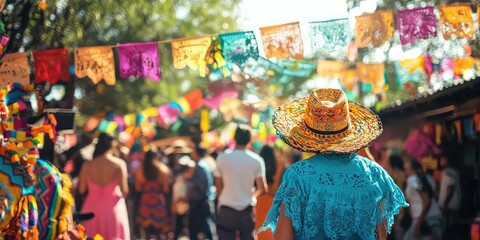 Fototapeta premium A Hispanic community gathering for a cultural festival with vibrant decorations and music.