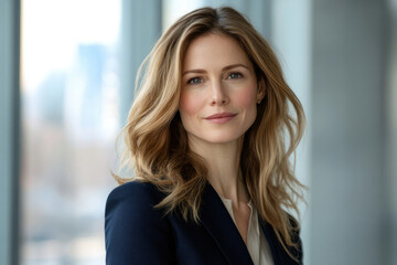 Confident businesswoman with blonde wavy hair, wearing a navy blazer, smiles gently near a window.