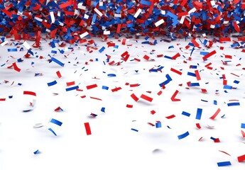 Obraz premium Red, white, and blue confetti falling on a white background. Celebration, party, festive. Bright colors, dynamic motion. Ideal for celebratory