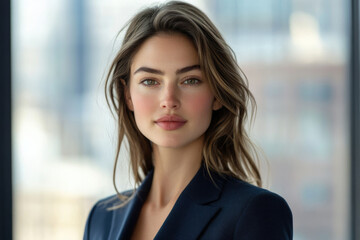 Fototapeta premium A young woman with long brown hair, wearing a dark blazer, looks directly at the camera with a calm and confident expression.