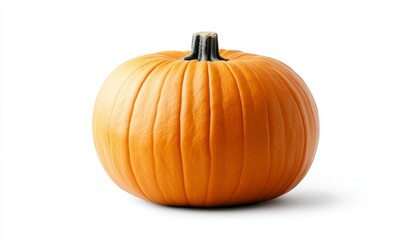 Obraz premium Single ripe orange pumpkin isolated on white background. Smooth skin, visible vertical ridges. Dark green stem at top. Studio lighting creates subtle