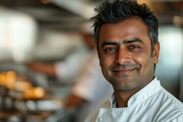 Fototapeta premium A smiling male chef in a busy restaurant kitchen, exuding professionalism and culinary expertise.