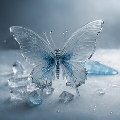 A magical ice butterfly with frozen crystalline wings, glowing against a white background.