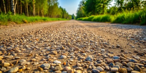 A sun-drenched gravel road winds through a verdant forest, its surface a tapestry of stones bathed in golden light