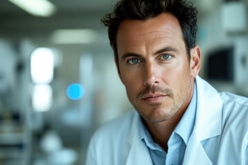 Obraz premium A serious, determined doctor in a lab coat, a portrait of medical professionalism.