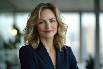 Obraz premium Confident businesswoman with blonde wavy hair, wearing a navy blazer, smiles gently in a modern office setting.
