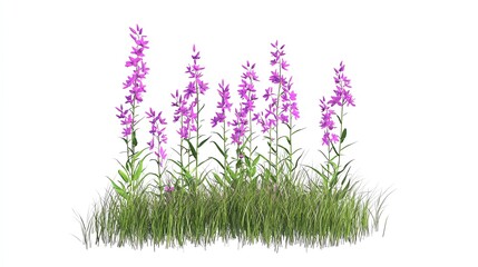 Naklejka premium A cluster of vibrant purple flowers surrounded by lush green grass, showcasing natural beauty and elegance, perfect for botanical themes or floral designs.