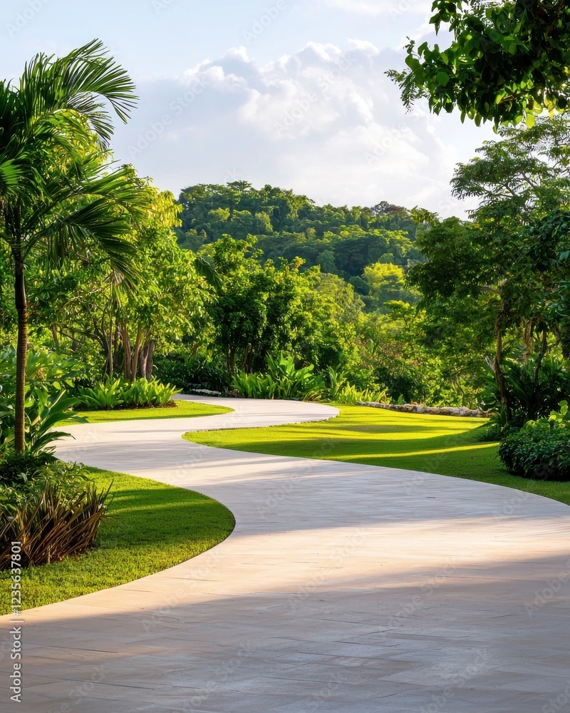 Poster a winding pathway surrounded by lush greenery and trees under a bright sky, creating a serene and in