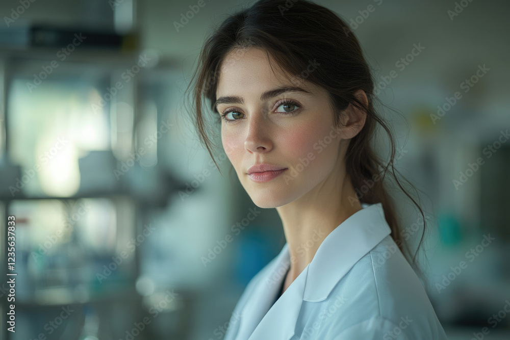Aufkleber a young female scientist in a lab coat looks directly at the camera with a serious expression.