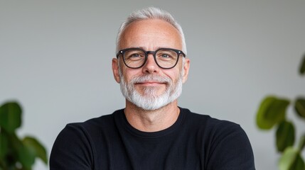 Smiling mature man, indoor portrait, neutral background, plants blurred, for business profile