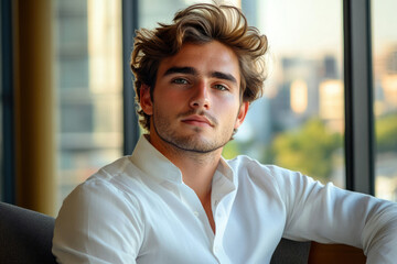 Naklejka premium A young man with wavy brown hair, wearing a white shirt, sits near a window overlooking a cityscape.