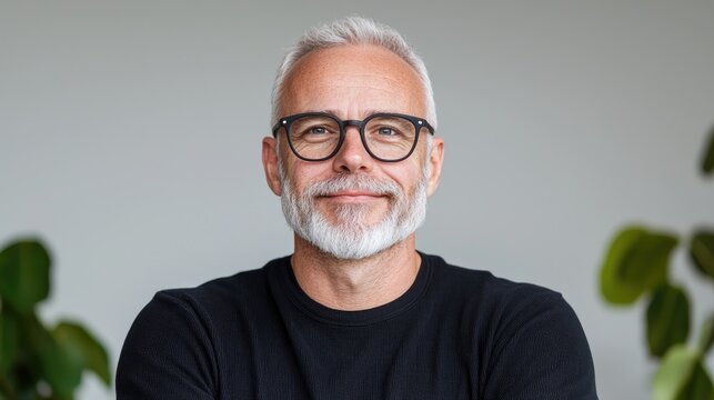Smiling mature man, indoor portrait, neutral background, plants blurred, for business profile