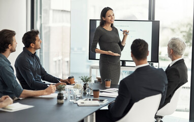Presentation, meeting and pregnant woman with team for feedback, finance statistics and review. Corporate office, speaker and workers with manager for planning, company insights or growth in workshop