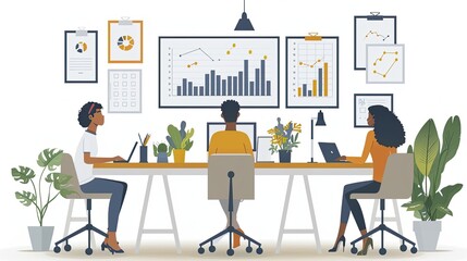 flat design, illustration, The Startup Dream A young entrepreneur builds a tech company from scratch. Illustration: Minimalist office setup, charts showing growth, diverse team members
